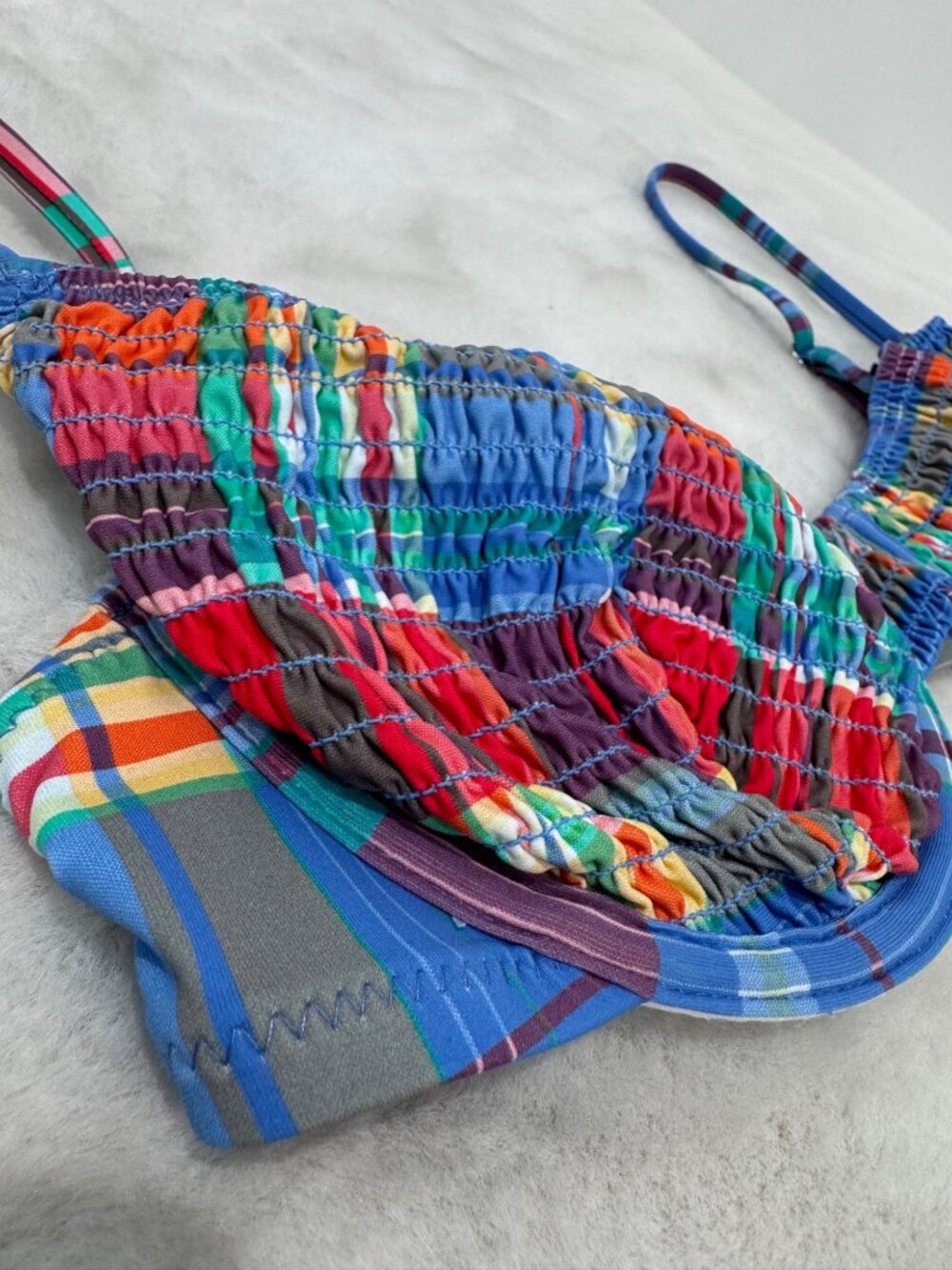 New Polo Ralph Lauren Women's Size M Blue Smocked Madras Balconette Swim Top - Picture 7 of 13